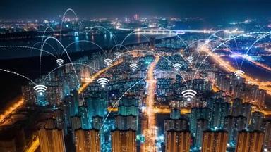 Smart City Aerial Footage. Blue Arches Forming Network Communication Futuristic Technology. Wi Fi co
